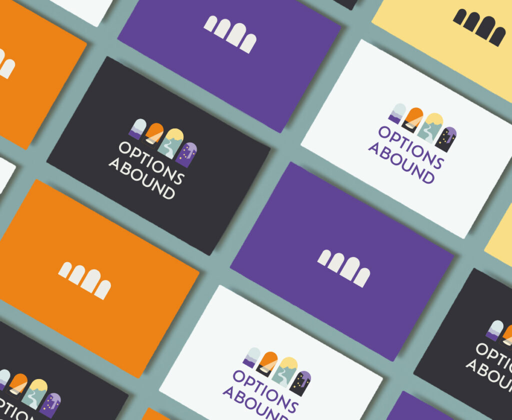 An array of cards showing logos for Options Abound. Dominant colors are purple orange, and teal