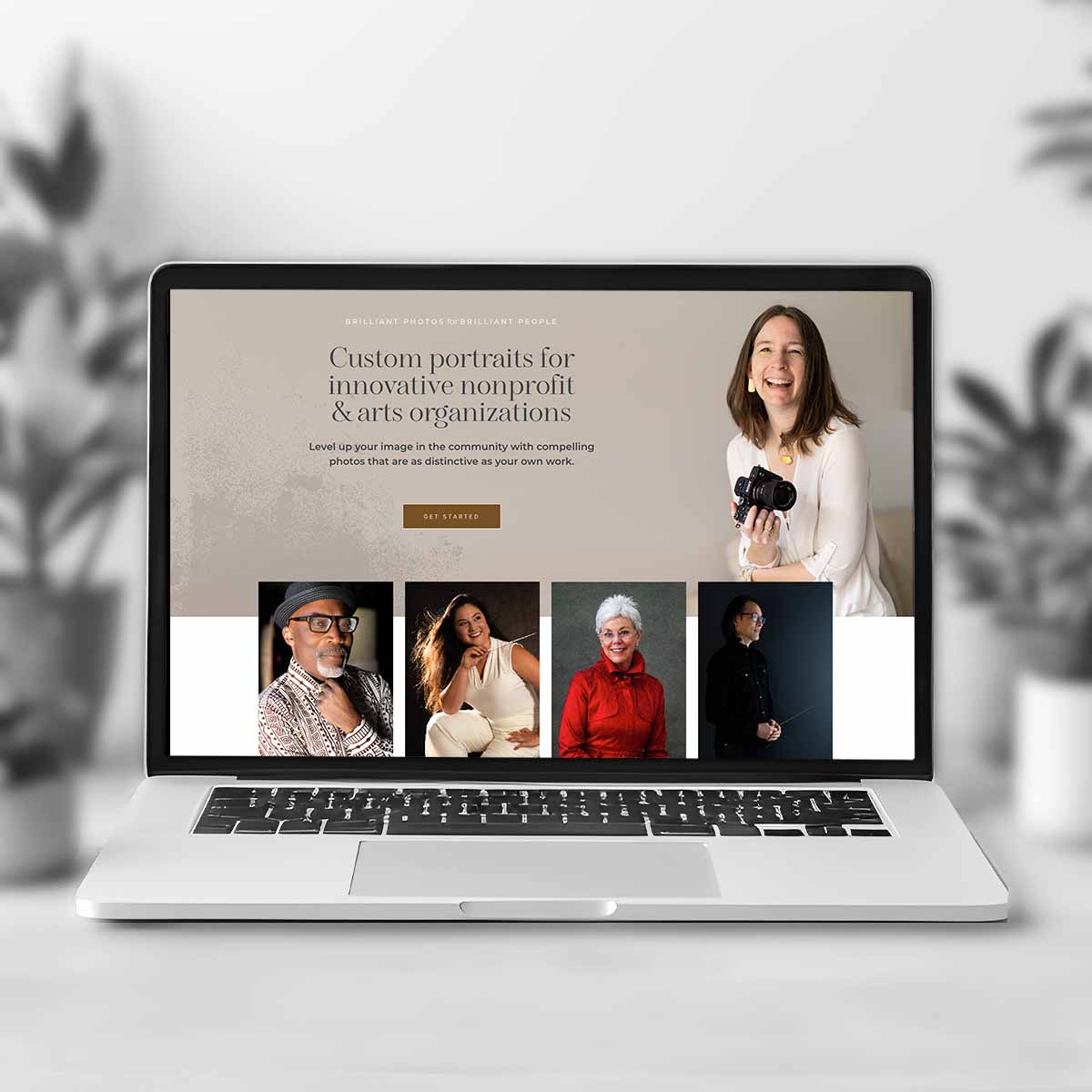 Photo of laptop showing landing page for a portrait photographer, including several images of musicians