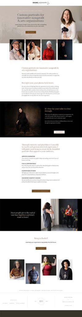 screen shot of a website landing page. Main colors are black and white with some beige. Includes high end photos of musicians and arts leaders.
