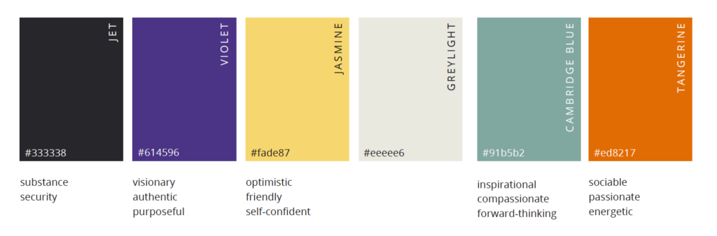 color palette, incuding charcoal, purplse, yellow, off white, teal, and orange